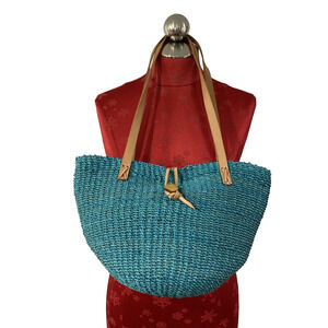 Unique Woven Bucket Market Bag Tote Purse Aqua Blue Shoulderbag Leather Straps